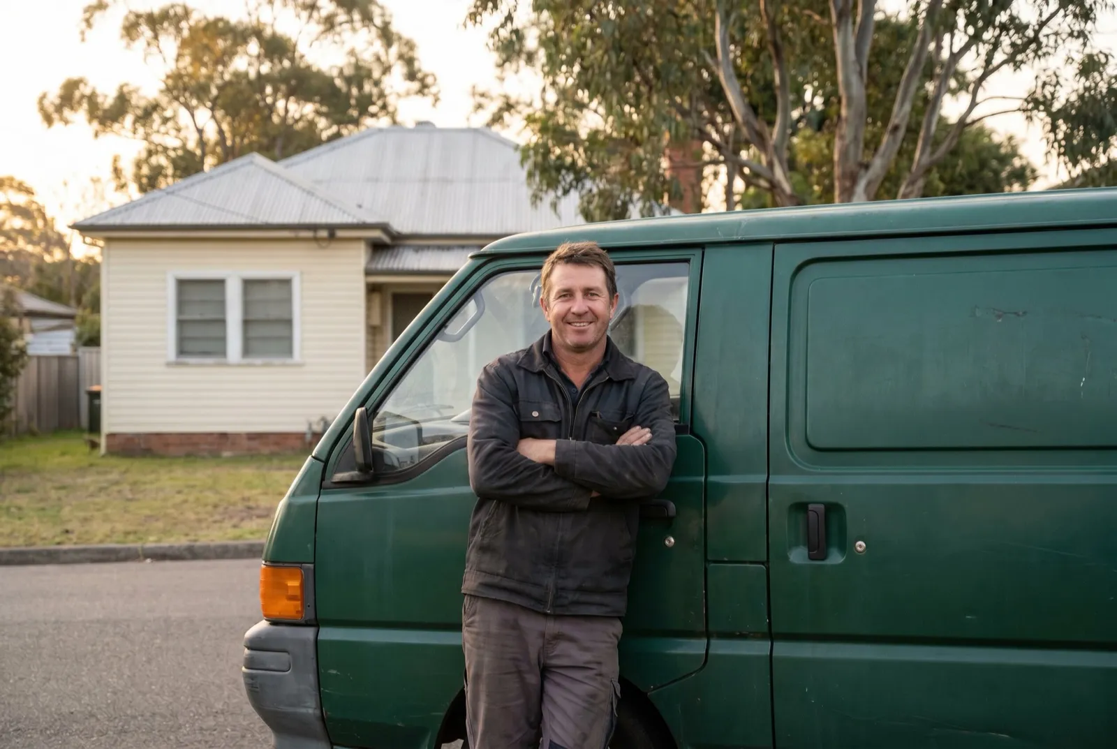 A tradesman leaning against the side of a plain deep-green work van on a quiet township street