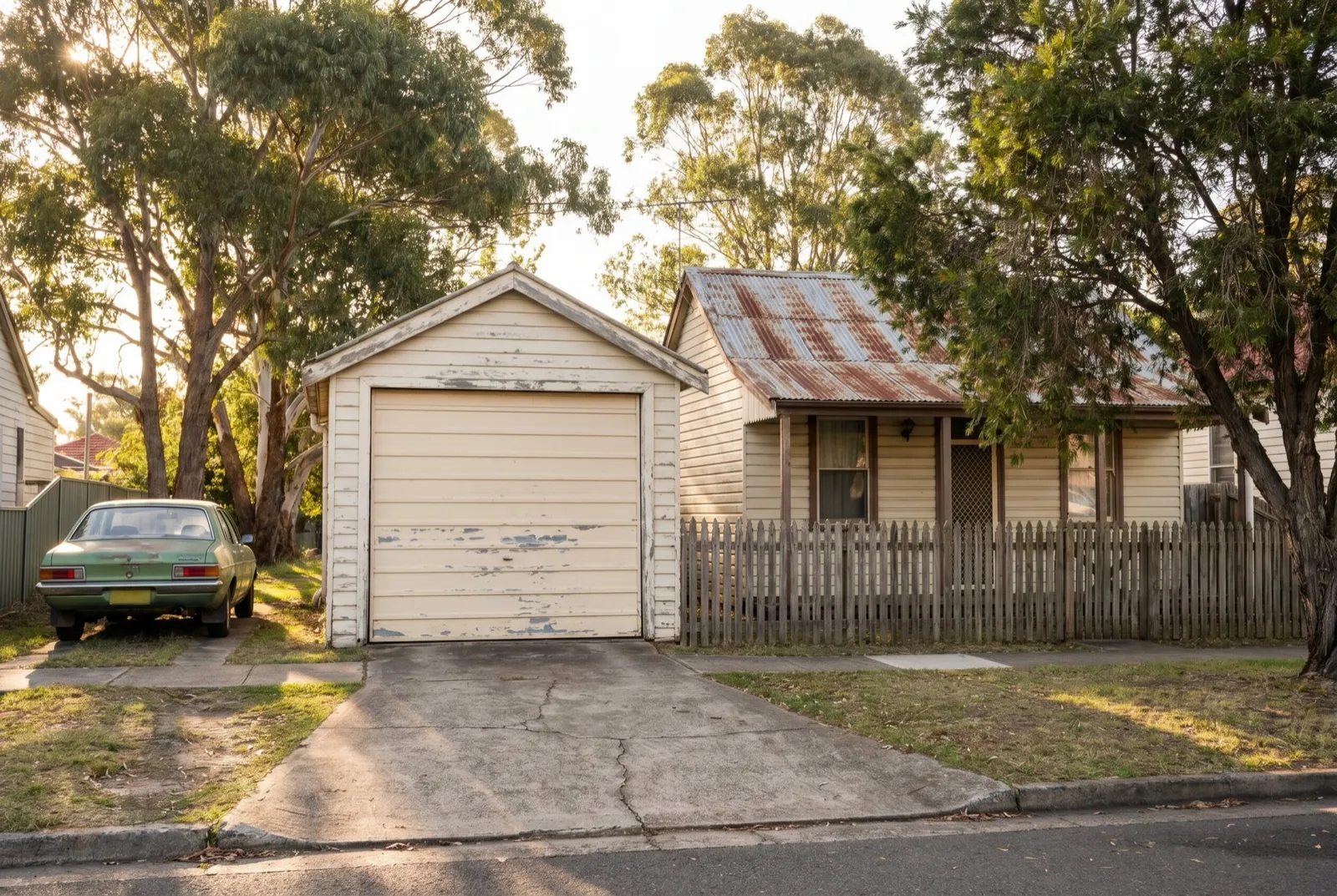 A weathered tilt door on an original single garage beside a weatherboard cottage