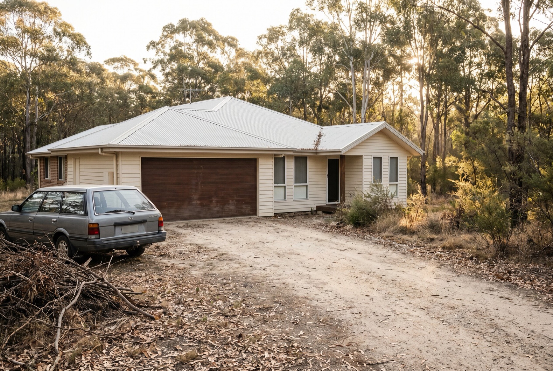 A modern home with a double garage at the edge of dry eucalyptus bushland