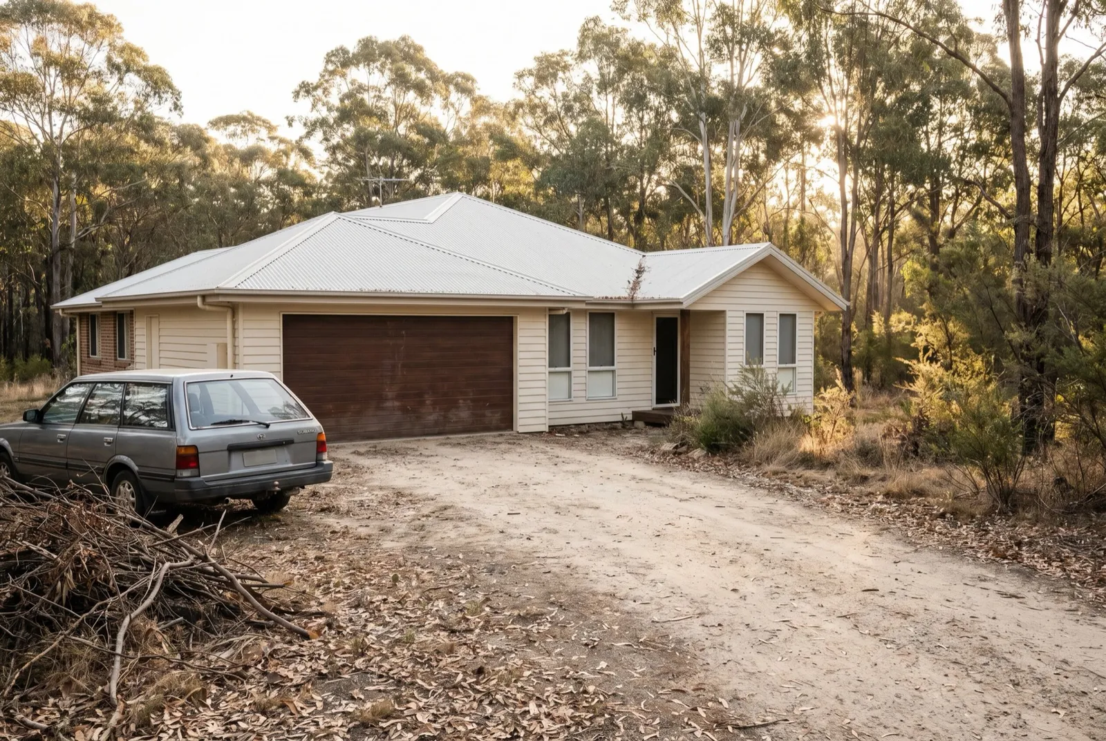 A modern home with a double garage at the edge of dry eucalyptus bushland, driveway dusted with leaf litter