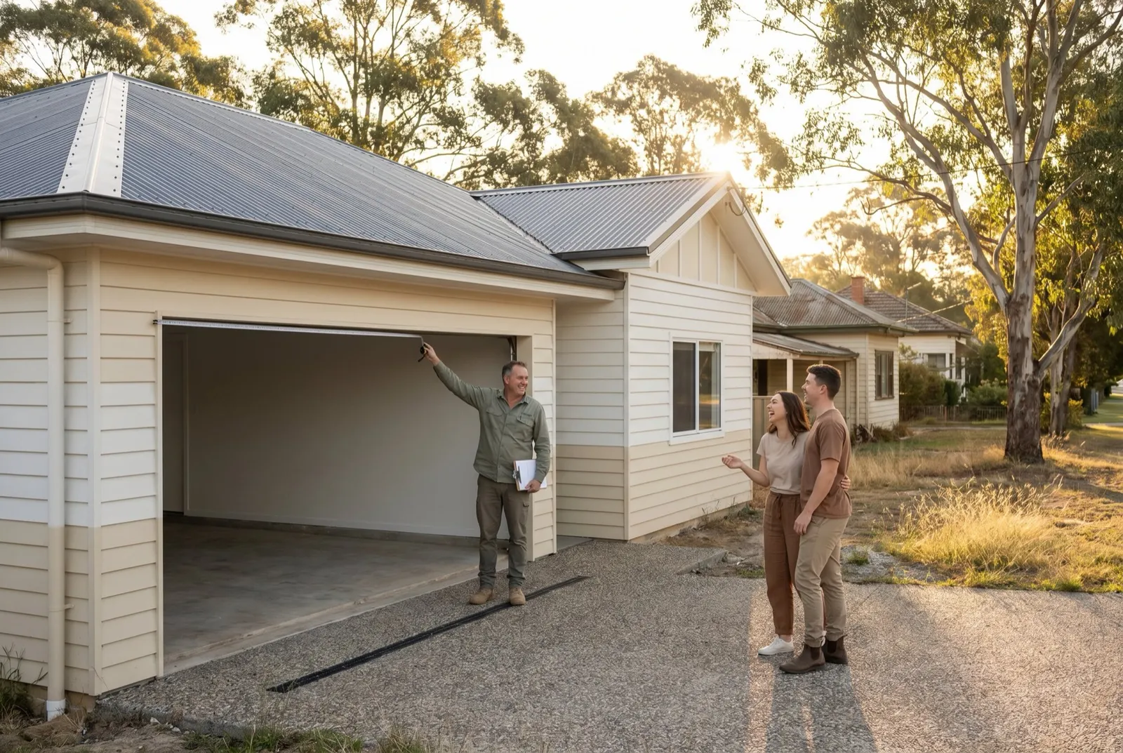 A technician measuring a double garage opening on a new build while the owners look on