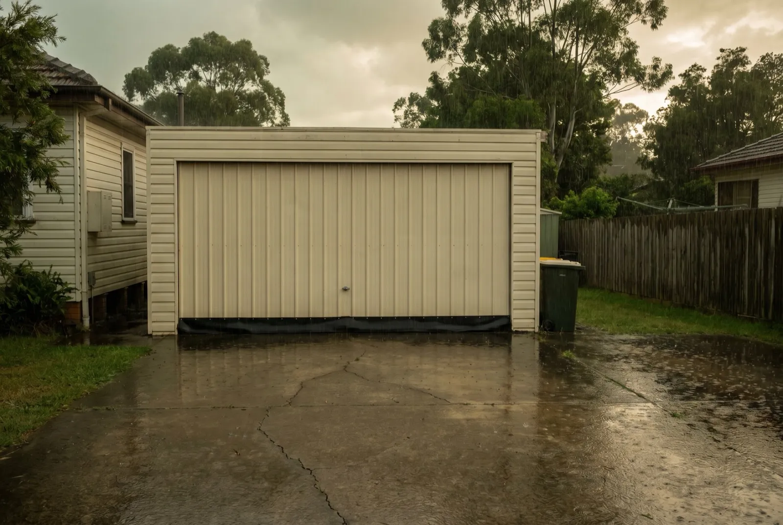 Heavy rain sheeting across a driveway and pooling against the base seal of a closed garage door