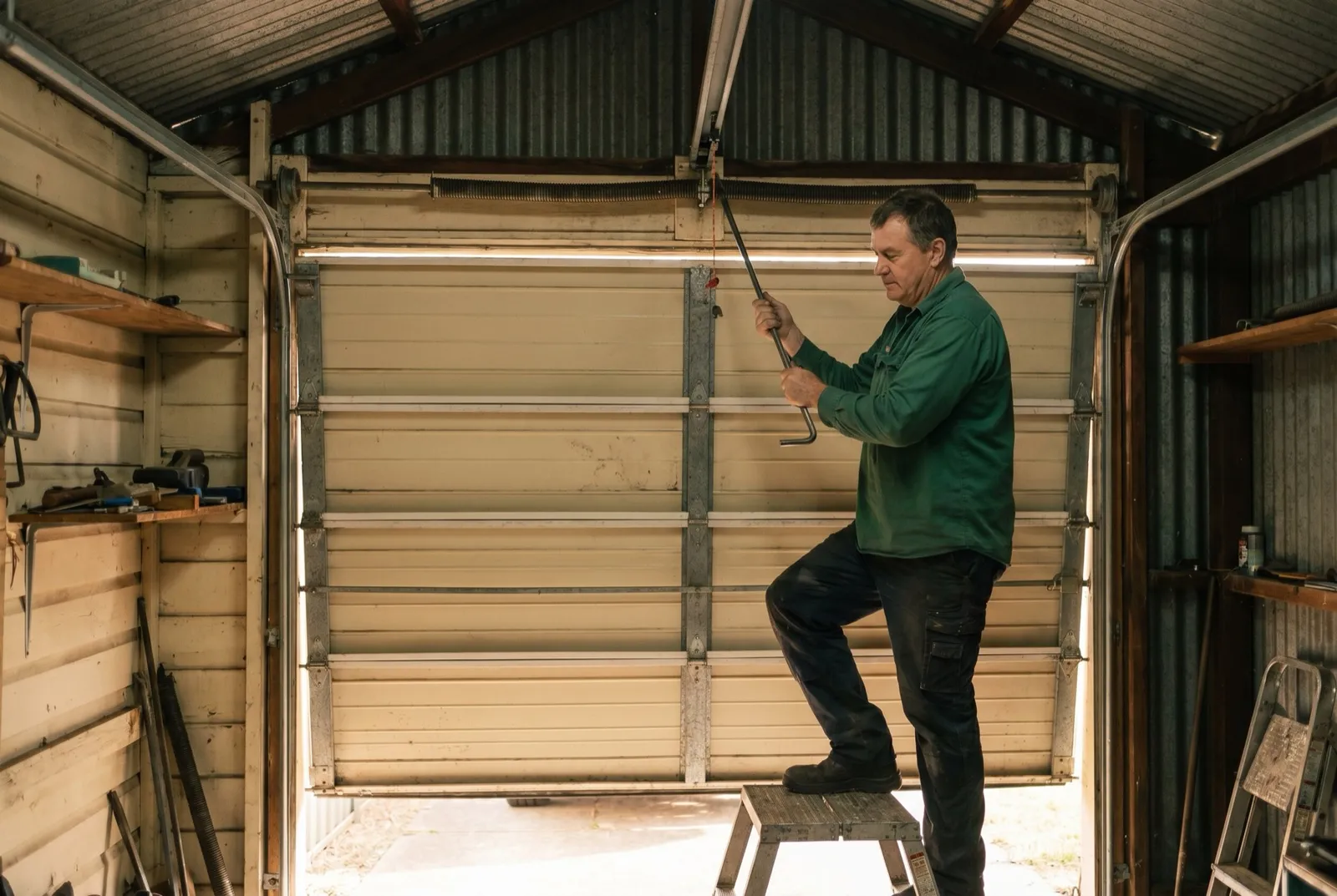 A technician on a platform ladder working on the torsion spring shaft above a sectional door